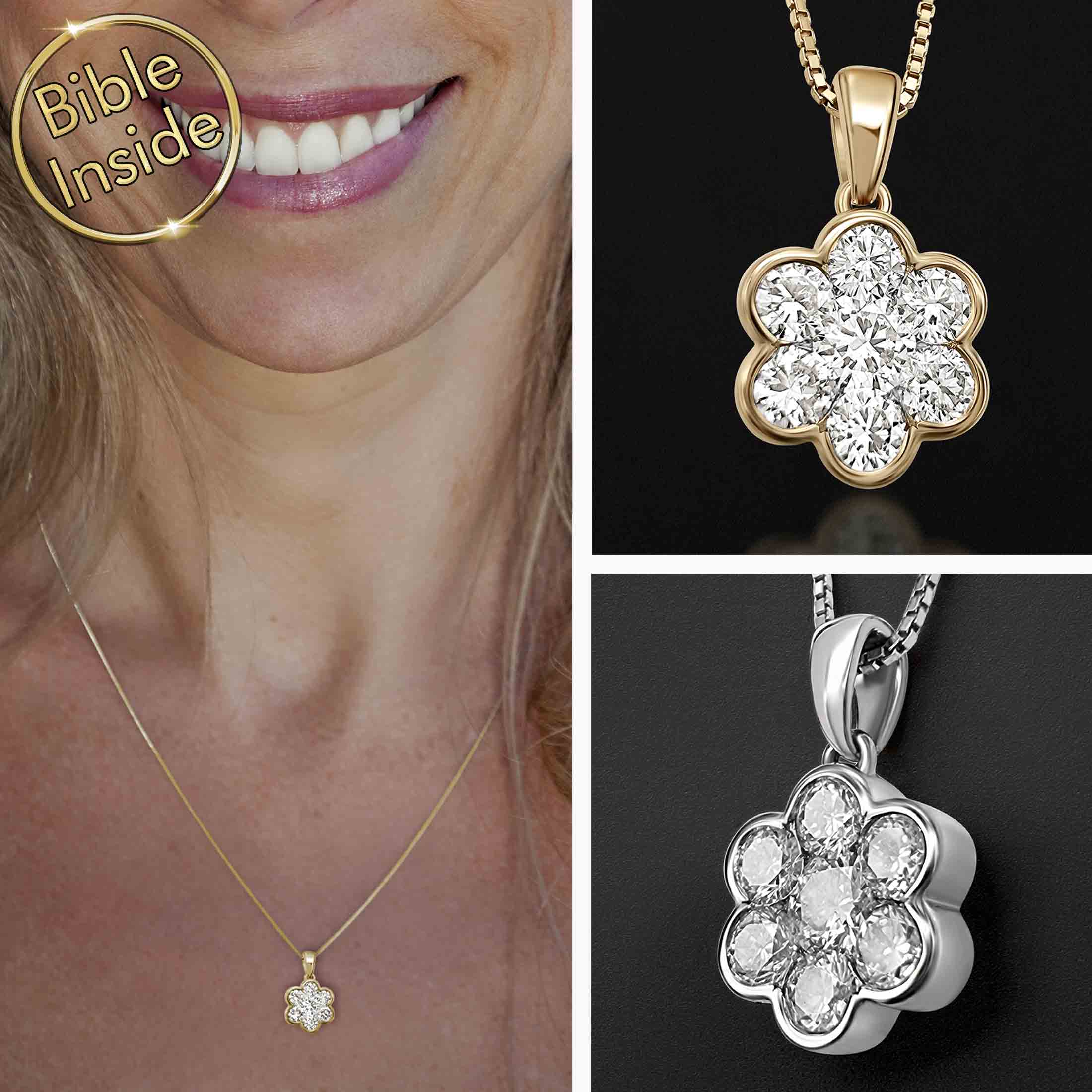 Gold Bible Necklace Heart Design with New Testament Inside at 1000x Magnification My Nano Jewelry